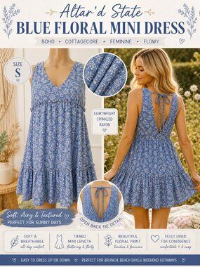 Altar’d State Blue Floral Mini Dress Size S Open Back Tie Rayon